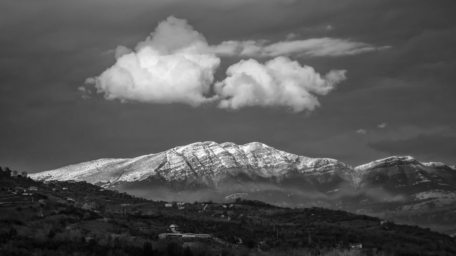 Black and white panorama of summer mountain with snow. mountains in the province of salerno