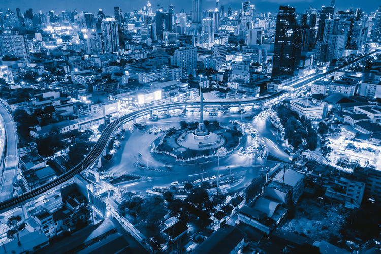 High angle view of illuminated cityscape during winter