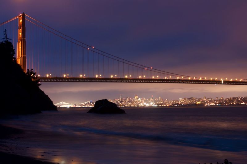 Suspension bridge over sea at night