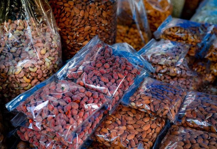 High angle view of seed of fruits for sale at market stall. vegetarian food. nut seed.