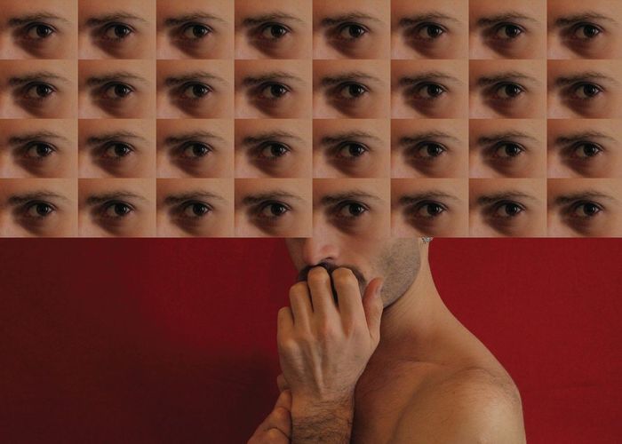 Image montage of shirtless man and eyes