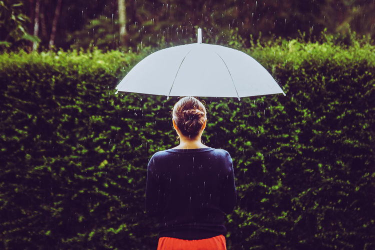 Rear view of woman with umbrella standing against plants during rainy season