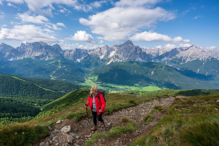 Panoramic view on dolomites, hiking in the mountains