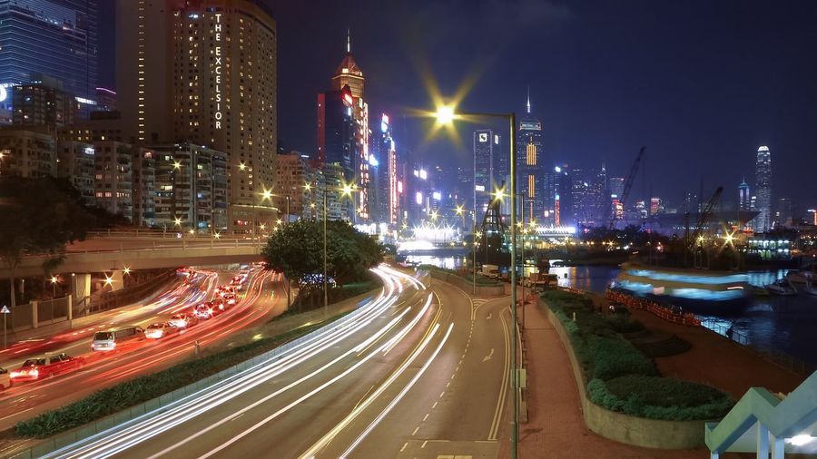 Light trails on road at night