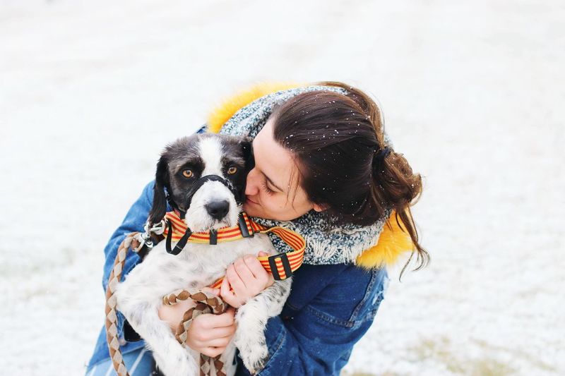 Woman kissing dog on snow