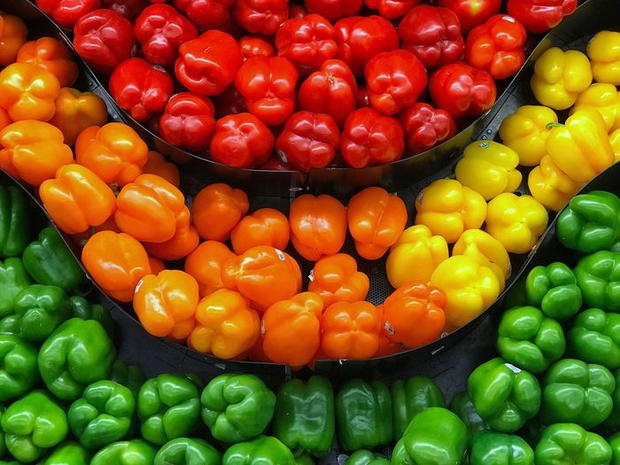 High angle view of peppers for sale in market