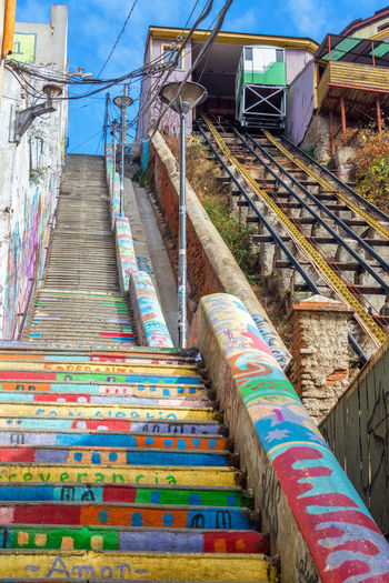 Colorful steps by funicular in city