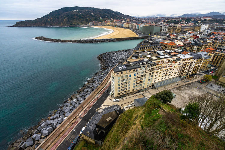Aerial cityscape of san sebastian viewed from mount urgull, basque country, spain