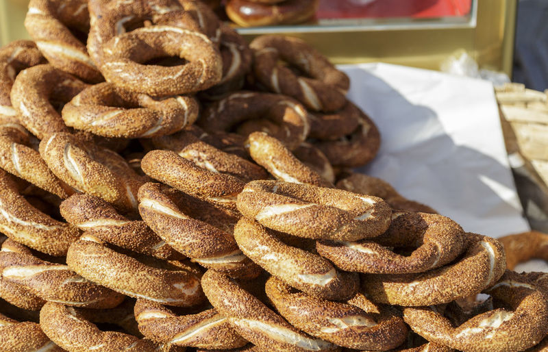 Close-up of turkish bagel stack for sale