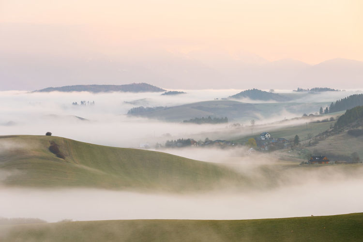 Rural foggy landscape in turiec region, northern slovakia.