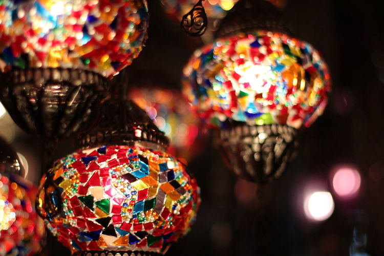 Close-up of illuminated christmas decorations for sale