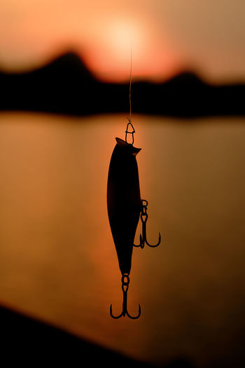 Close-up of silhouette fishing net against sky during sunset