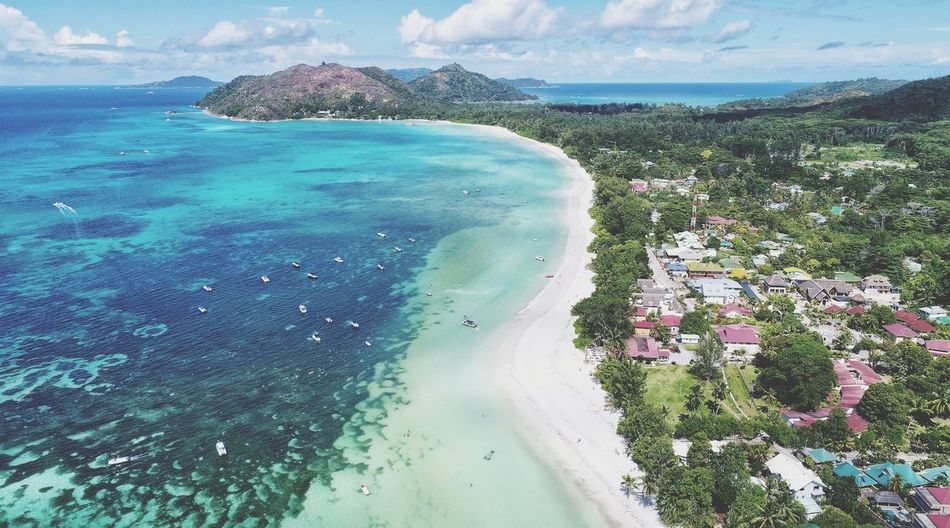 Aerial view on anse volvert beach on praslin island in seychelles