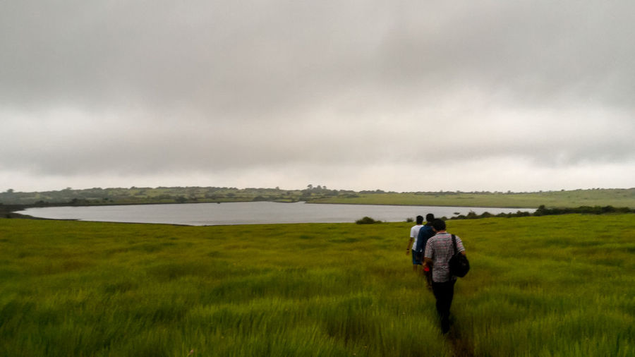 Rear view of friends on grassy field against cloudy sky