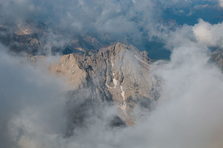 Panoramic view of marmolada mountain range with marmolada glacier in dolomites, italy