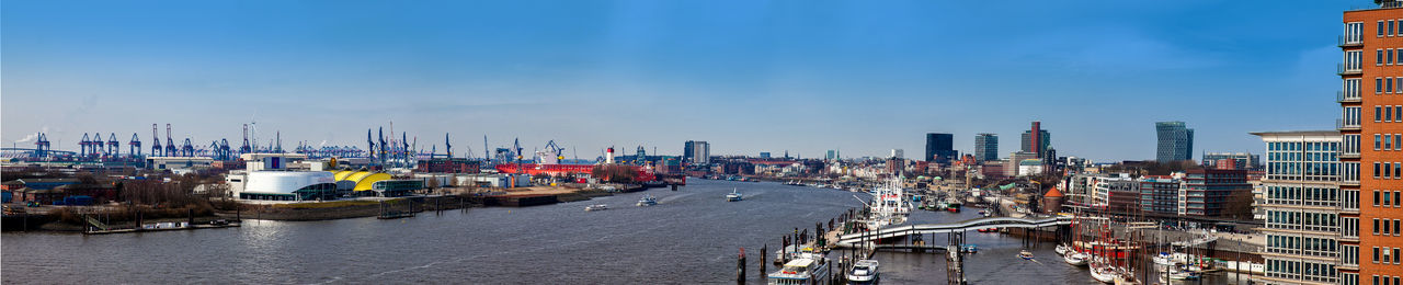 Panoramic view of harbor and buildings against sky