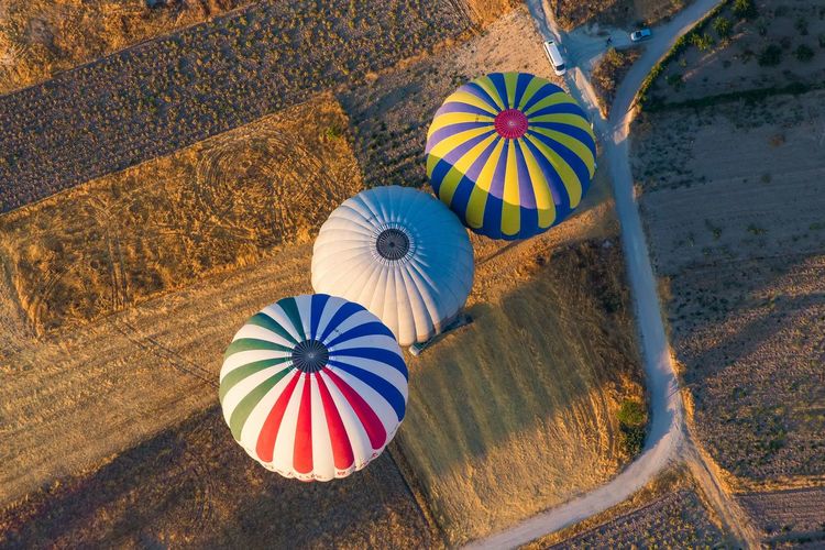 Aerial view of hot air balloons over landscape