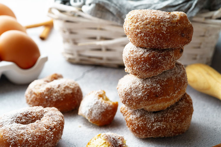 Small doughnut of wine with sugar and cinnamon and ingredients. donuts dessert