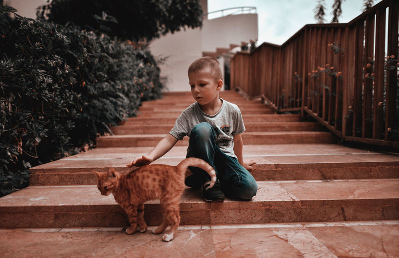 Boy with cat on steps