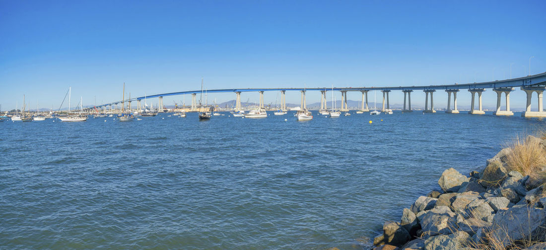 Scenic view of bay bridge against clear blue sky