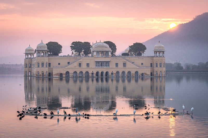 Morning sunrise light over jal mahal water palace in jaipur, rajasthan, india. 