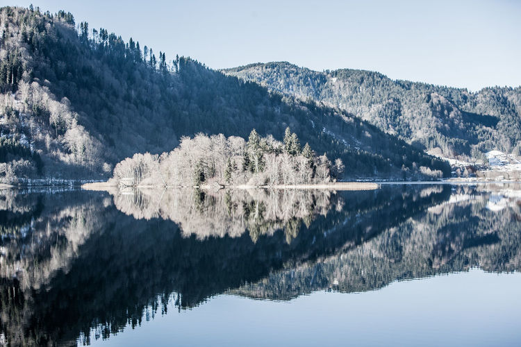 Reflection of trees and mountains in lake against sky