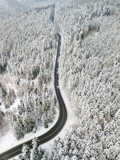 High angle view of snow on road