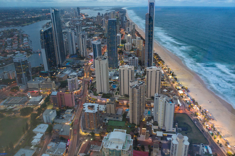 High angle view of buildings in city
