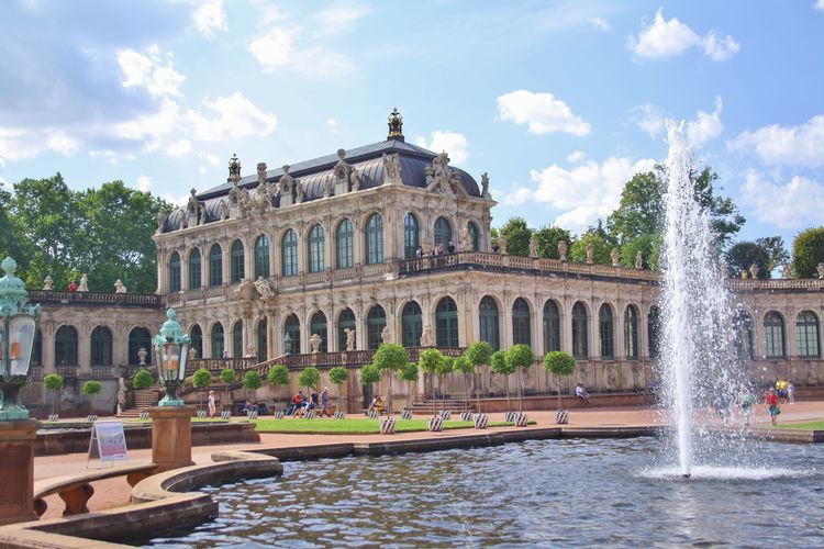 Zwinger museum with fountain in dresden, outdoors in summer