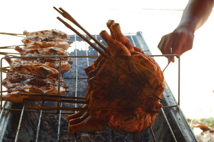 Close-up of hand holding meat on barbecue grill