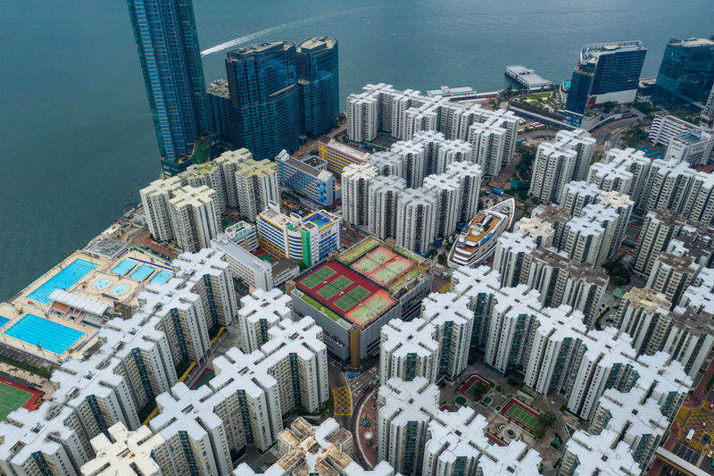 High angle view of modern buildings in city