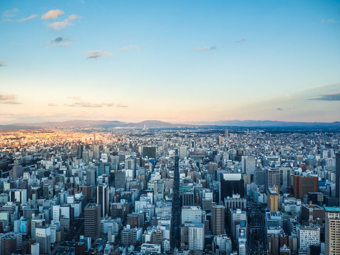Beautiful aerial view of nagoya city in japan with tall buildings and blue skies