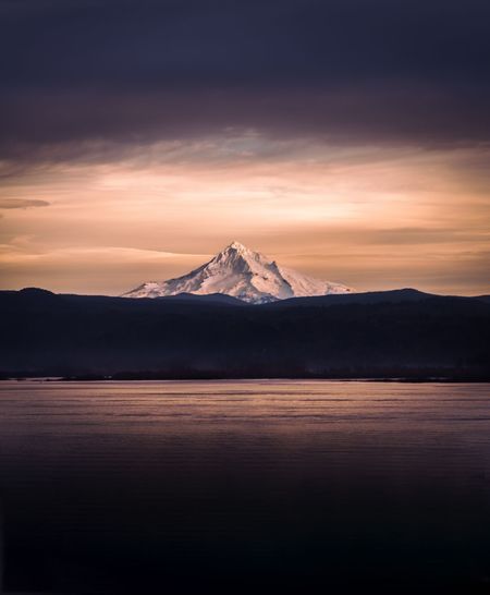 Scenic view of hood mountain against sky during sunset