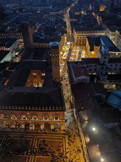 Aerial view of illuminated buildings at night