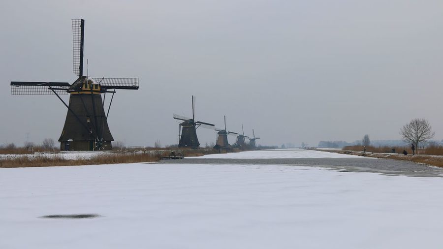 Kinderdijk, netherlands. view of dutch polders with windmills during winter time.