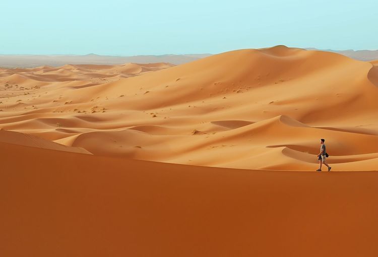 Man walking in desert on orange color duna edge