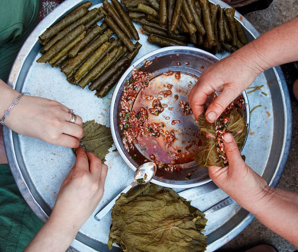 High angle view of people having food
