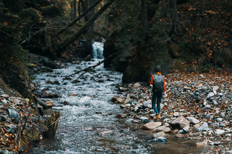 Man walking on rocks in forest