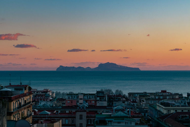 A beautiful sunset seen from naples in winter, in which we see capri.