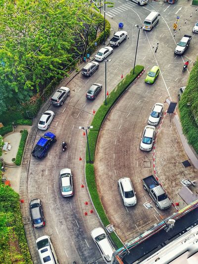 High angle view of cars on road in city