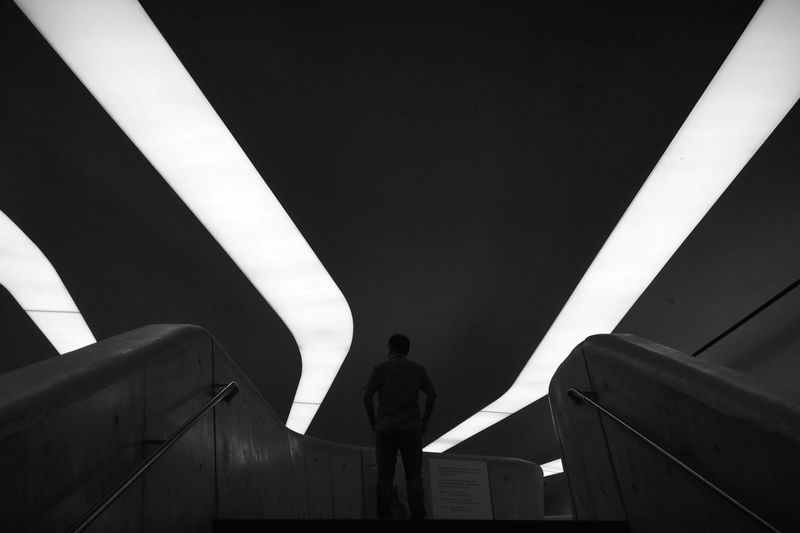 Rear view of a silhouette man standing against striped ceiling