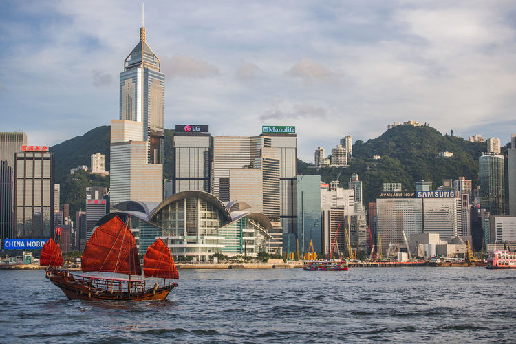 Traditional junk boat at victoria harbour in hong kong