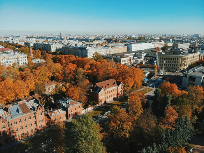 High angle view of townscape against sky during autumn