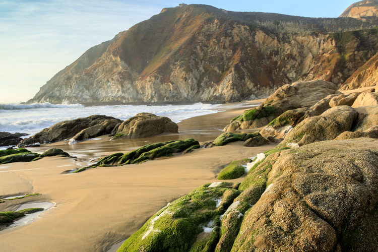 California rugged coastline. gray whale cove state beach, half moon bay, san mateo county, ca