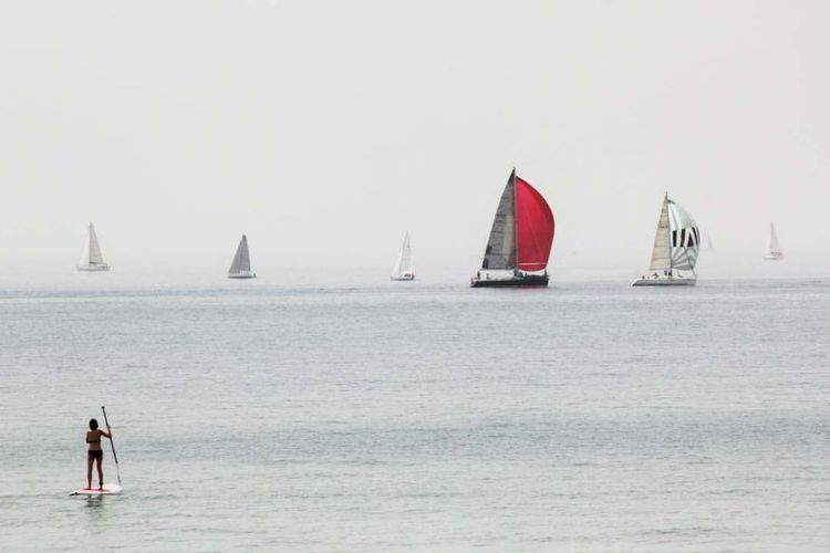 Scenic view of boat sailing in sea