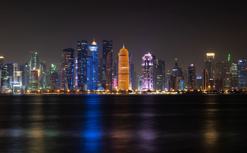 The doha skyline at night.