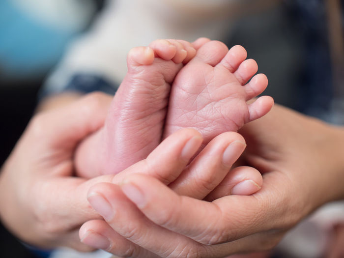 Close-up of woman holding baby feet