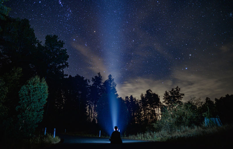 Rear view of person holding flashlight sitting against trees at night