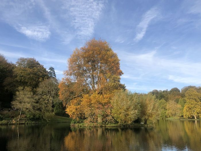 Scenic view of lake by trees against sky during autumn
