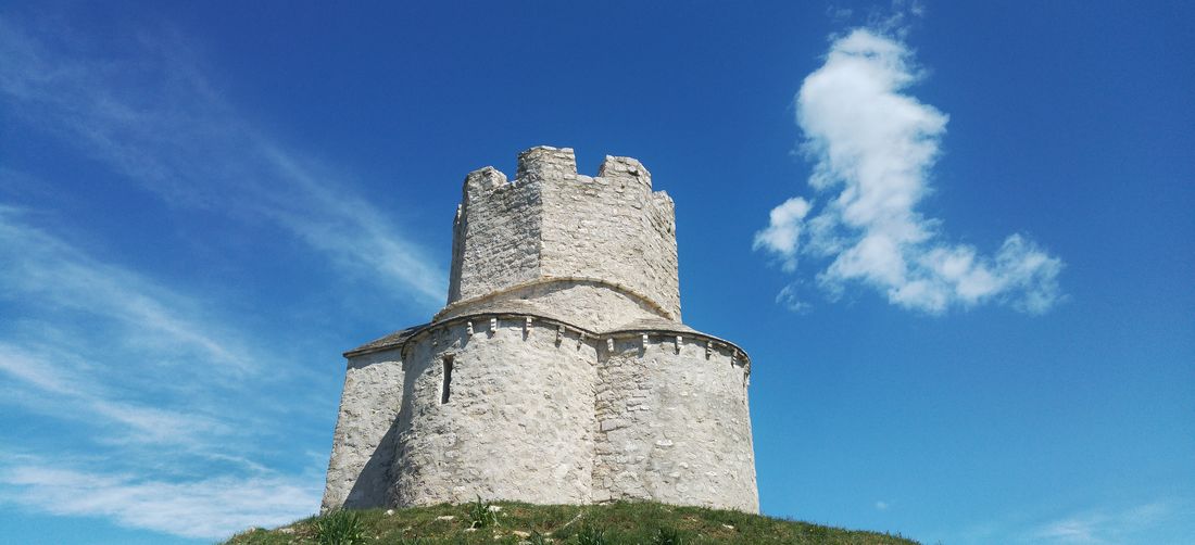 Low angle view of old tower against sky